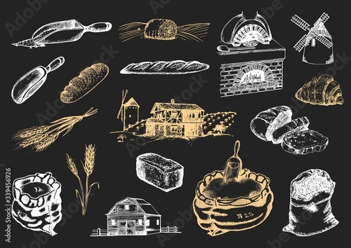 Graphic illustrations of miller stuff in vector. Hand drawn set of bakery and pastry goods in engraving style.