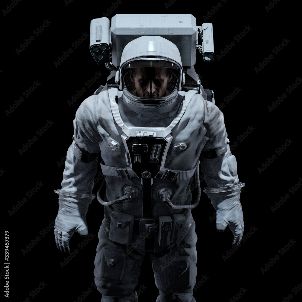 Dark astronaut portrait / 3D illustration of male science fiction moodily lit astronaut isolated on black background
