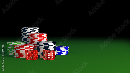 Casino poker chips and dices on green table. 3D render
