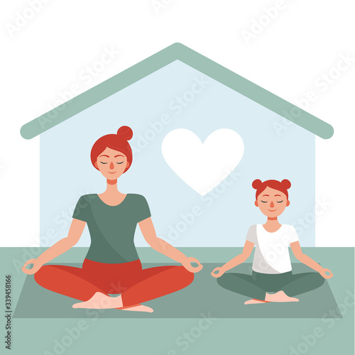 Mom and daughter do yoga at home. The concept of home activity with children in quarantine. Prevention of the spread of coronavirus. Flat cartoon vector illustration.