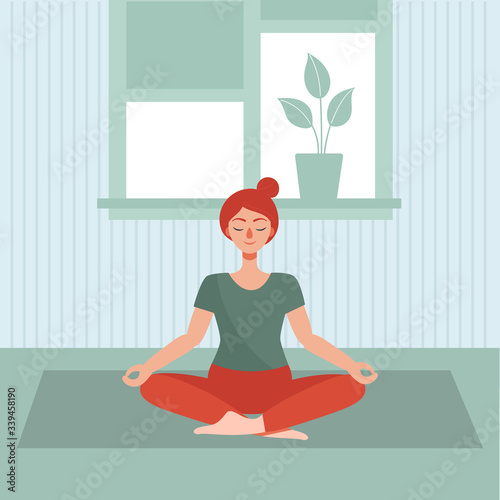 Yong woman do yoga at home. The concept of home activity in quarantine. Prevention of the spread of coronavirus. Flat cartoon vector illustration.