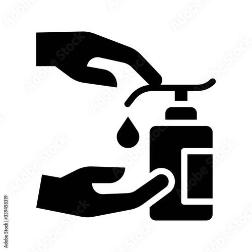 wash hand or hygiene related alcoholic sanitizer bottle hand press button and sanitize drop on hand vector in solid design,