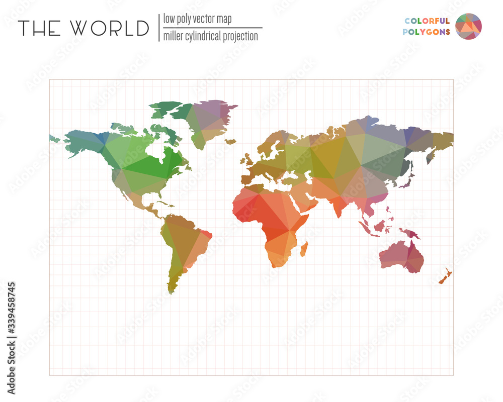 Low poly world map. Miller cylindrical projection of the world. Colorful colored polygons. Beautiful vector illustration.