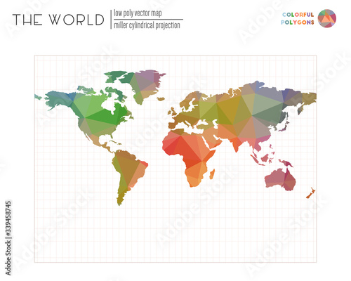 Low poly world map. Miller cylindrical projection of the world. Colorful colored polygons. Beautiful vector illustration.