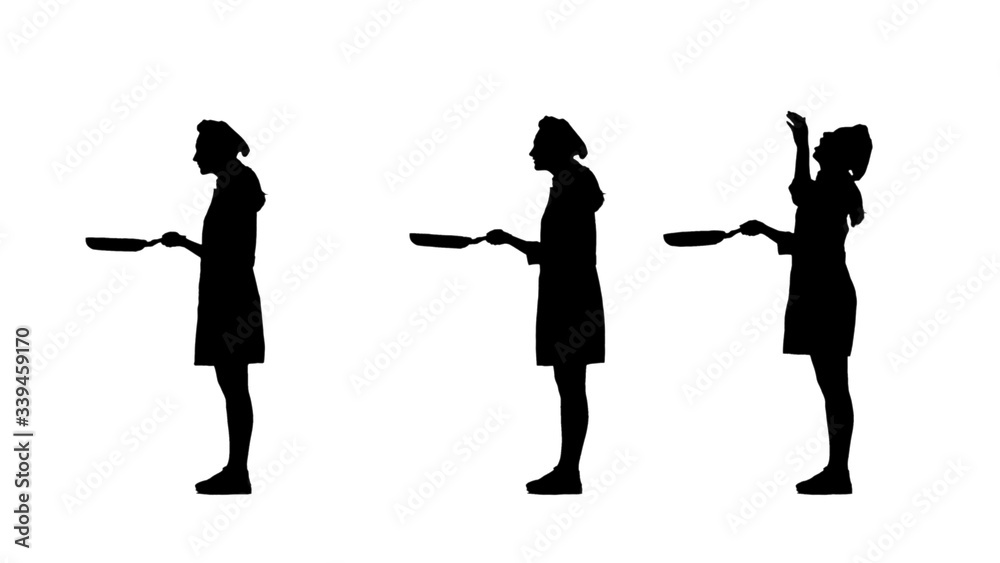 Three black silhouettes of chef female in uniform roasting pancakes.