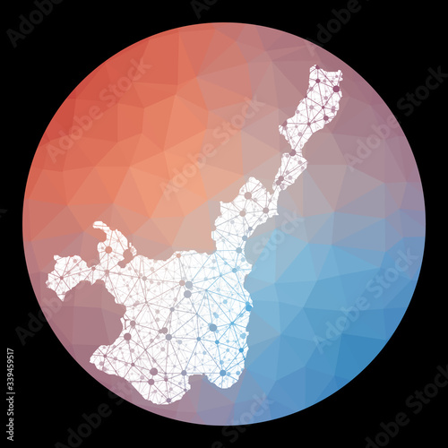 Vector network Ishigaki map. Map of the island with low poly background. Rounded Ishigaki illustration in technology, internet, network, telecommunication concept style. Radiant vector illustration.