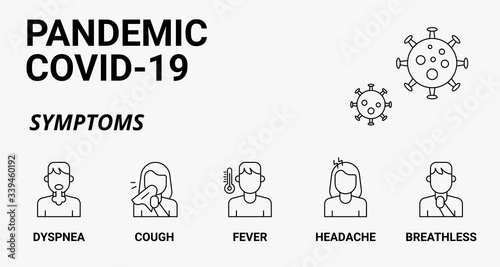 pandemic coronavirus covid-19  symptoms explain with lineal characters like headache, fever, cough, breathless with white background and lineal style viruses vector illustration,
