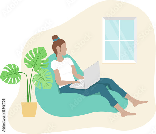 Woman remote working from home in office beanbag chair. Relaxing freelance designer, developer work flat style vector