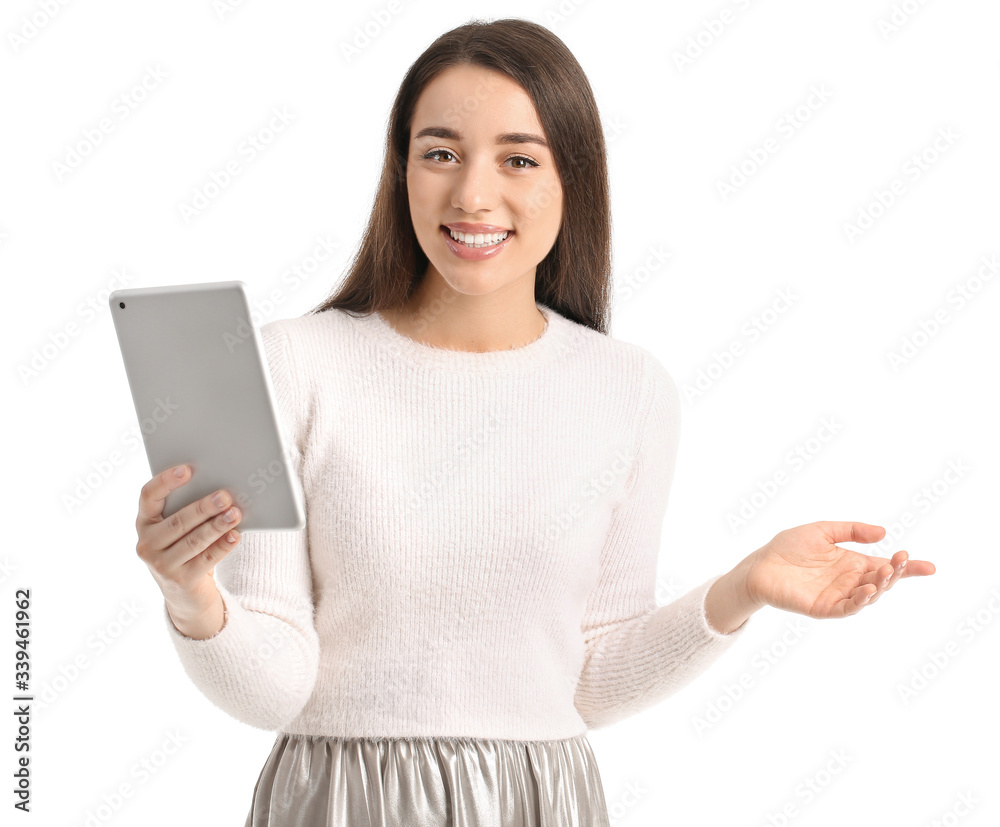 Beautiful young woman with tablet computer on white background Beautiful young woman with tablet computer on white background