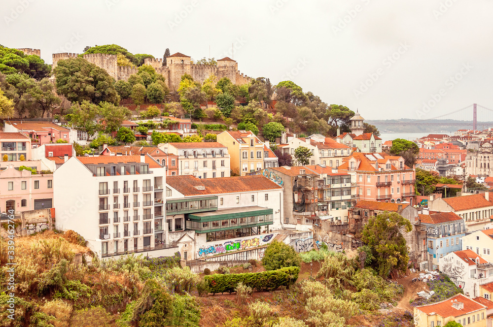 Panoramic view of Lisbon  with Sao Jorge Castle, Portugal.