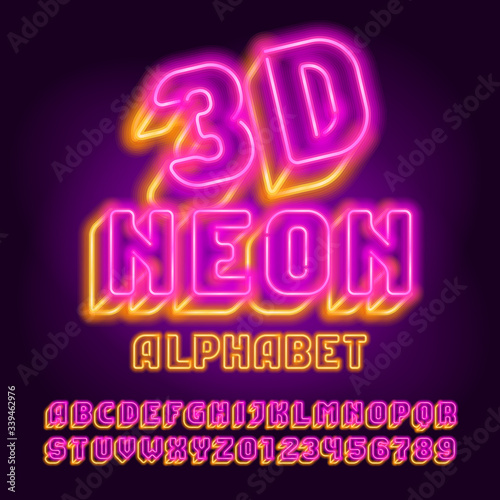 3D Neon alphabet font. Glowing neon light letters and numbers. Stock vector typescript for your design.