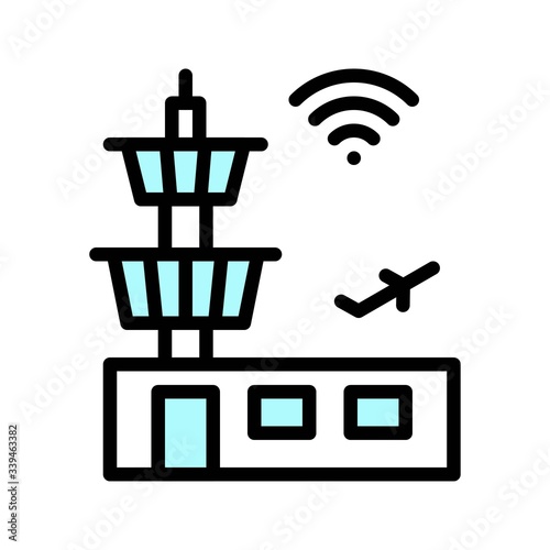 telework or telecommuting related WiFi signals on airport building with airplane vector with editable stroke,