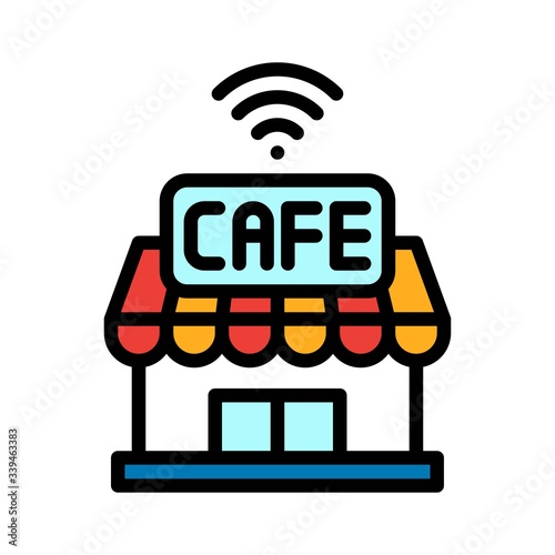 telework or telecommuting related WiFi signals on cafe shop building vector with editable stroke,