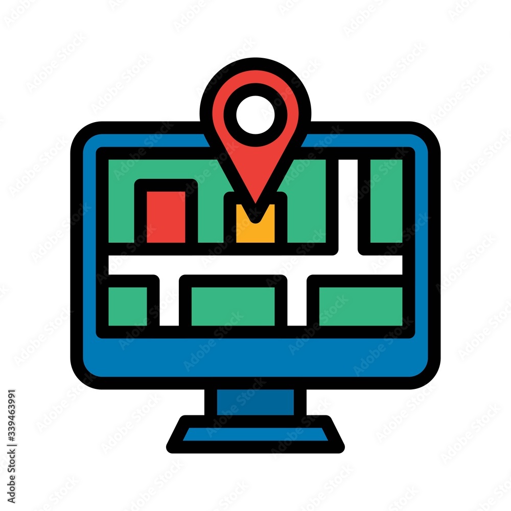 telework or telecommuting related computer screen with location or map vector with editable stroke, telework or telecommuting related computer screen with location or map vector with editable stroke,