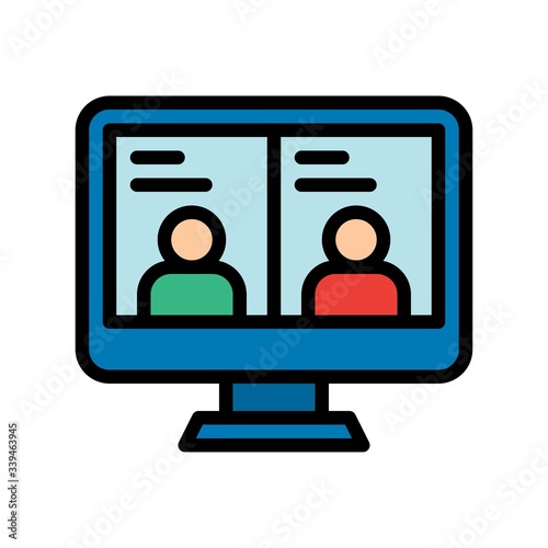 telework or telecommuting related characters chating in computer screen vector with editable stroke,
