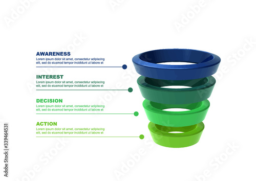 Business Sales Funnel Infographic in 3D. 4 Stage. Lead Generation Process.