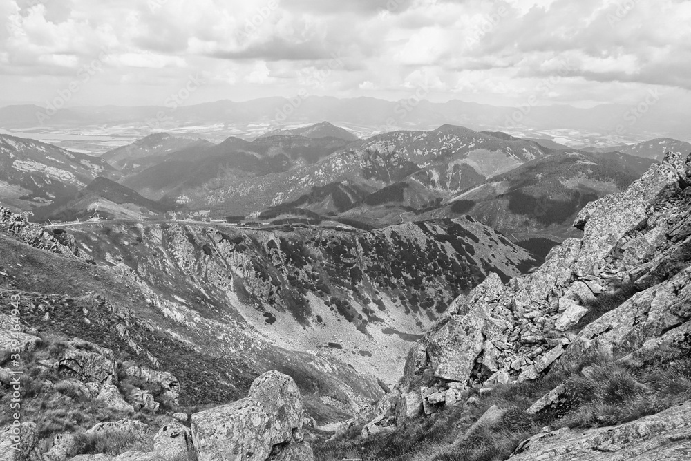 Beautiful mountain scenery in the Low Tatras from the peak of Chopok, Resort Jasna, Slovakia. Black and white mountain photos 