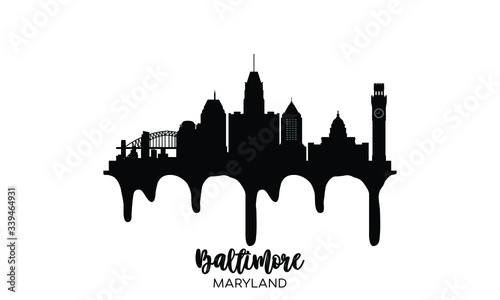 Baltimore Maryland USA black skyline silhouette vector illustration on white background with dripping ink effect.