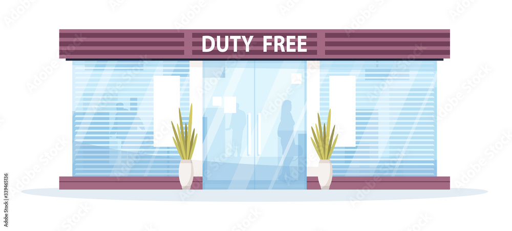 Duty free shop front semi flat vector illustration. International zone  retail and commerce. Tax free department store exterior. Airplane  passengers 2D cartoon characters for commercial use Stock Vector | Adobe  Stock