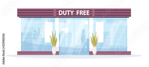 Duty free shop front semi flat vector illustration. International zone retail and commerce. Tax free department store exterior. Airplane passengers 2D cartoon characters for commercial use