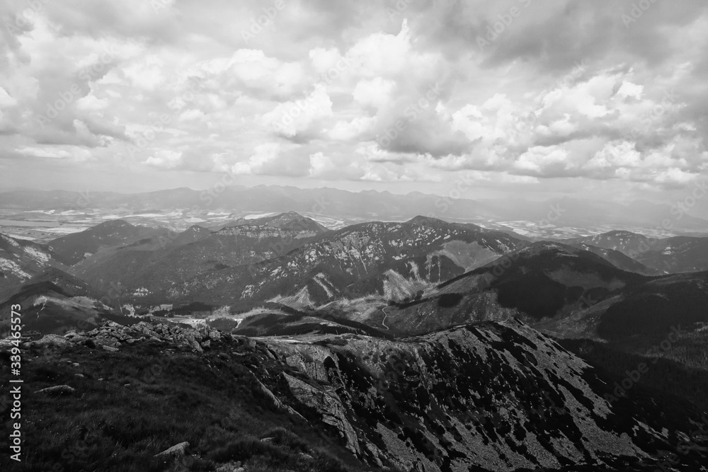 Obraz premium Beautiful mountain scenery in the Low Tatras from the peak of Chopok, Resort Jasna, Slovakia. Black and white mountain photos 