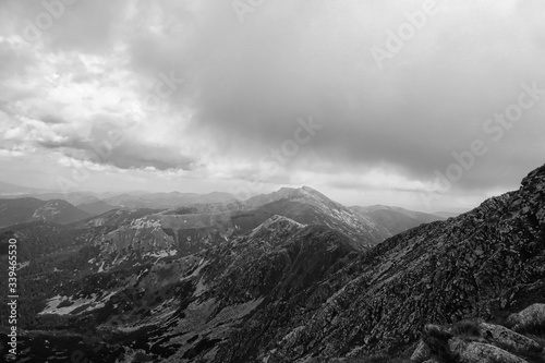 Beautiful mountain scenery in the Low Tatras from the peak of Chopok, Resort Jasna, Slovakia. Black and white mountain photos 