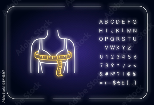 Bust circumference neon light icon. Outer glowing effect. Female upper body measurements, tailoring parameters sign with alphabet, numbers and symbols. Vector isolated RGB color illustration