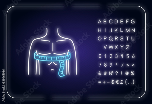 Chest circumference neon light icon. Outer glowing effect. Male upper body measurements, tailoring parameters sign with alphabet, numbers and symbols. Vector isolated RGB color illustration
