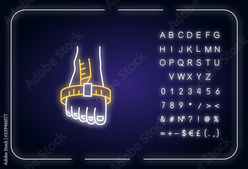 Foot joint circumference neon light icon. Outer glowing effect. Sign with alphabet, numbers and symbols. Body parameters specification for bespoke shoes. Vector isolated RGB color illustration