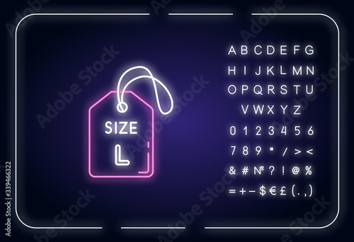 Large size label neon light icon. Outer glowing effect. Clothing parameters specification sign with alphabet, numbers and symbols. Tag with L letter. Vector isolated RGB color illustration