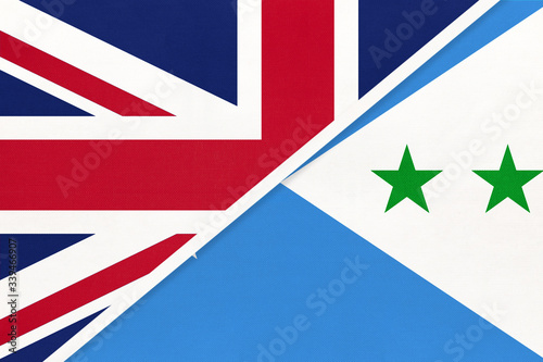 United Kingdom vs Galmudug national flag from textile. Relationship between two European and African countries.