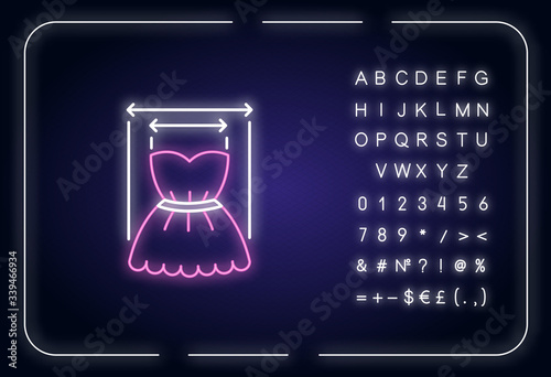 Product width neon light icon. Outer glowing effect. Measuring clothing size, bespoke dress tailoring parameters sign with alphabet, numbers and symbols.Vector isolated RGB color illustration