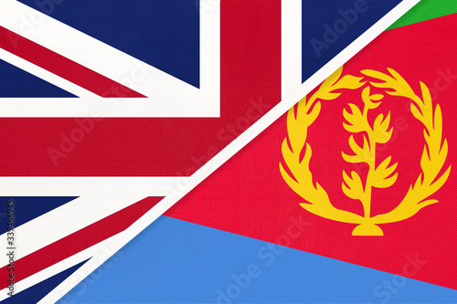 United Kingdom vs Eritrea national flag from textile. Relationship between two European and African countries.