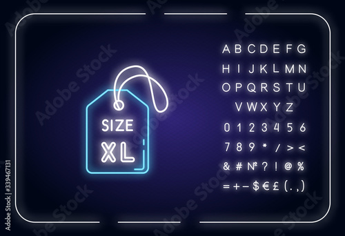 Extra large size label neon light icon. Outer glowing effect. Clothing dimensions parameters sign with alphabet, numbers and symbols. Tag with XL letters. Vector isolated RGB color illustration