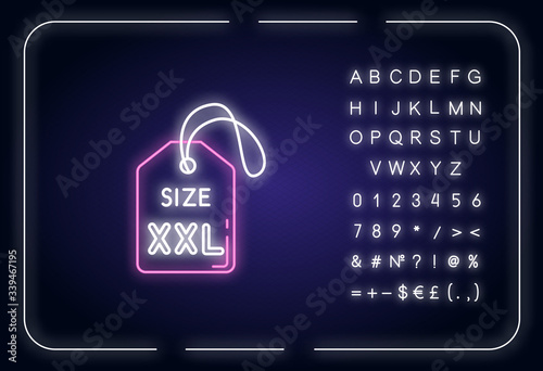 XXL size label neon light icon. Outer glowing effect. Garments parameters specification sign with alphabet, numbers and symbols. Tag with XXL letters. Vector isolated RGB color illustration