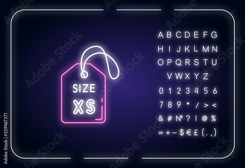 Extra small size label neon light icon. Outer glowing effect. Clothing parameters description sign with alphabet, numbers and symbols. Tag with XS letters. Vector isolated RGB color illustration