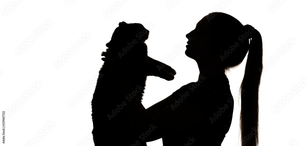 silhouette of a cute girl with long hair and cat in her arms, a young woman hugs a pet on a white isolated background