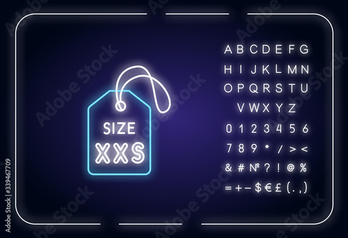 XXS size label neon light icon. Outer glowing effect. Kids garments parameters description sign with alphabet, numbers and symbols. Extra small size tag. Vector isolated RGB color illustration