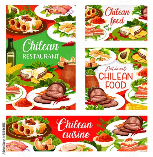 Chilean cuisine restaurant vector menu covers. Chili traditional lunch dishes, cannelloni pasta with mushrooms, beef fillet in wine glaze and mate tea, salmon fish fillet and sea bass