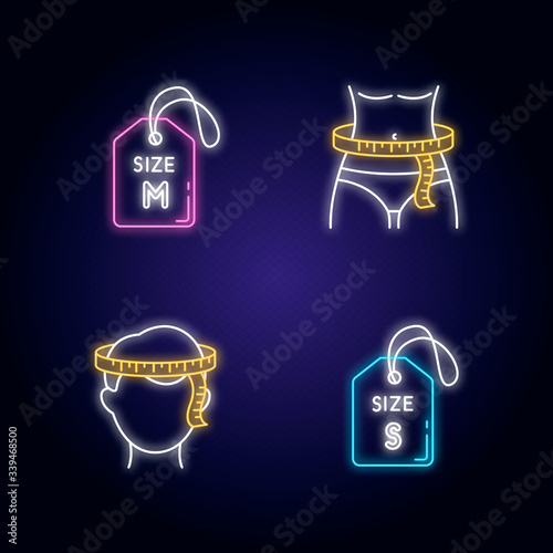 Size tags and measurements neon light icons set. Head and waist circumference, small and medium labels. Custom made clothing signs with outer glowing effect. Vector isolated RGB color illustrations