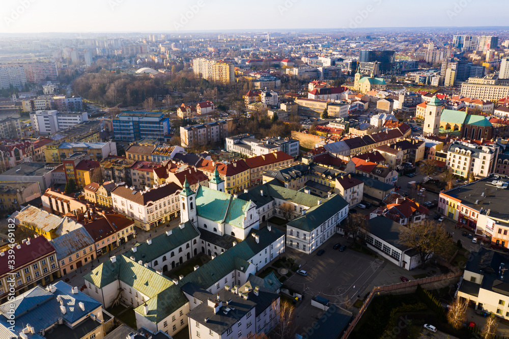 Aerial view of historical part of Rzeszow town at day