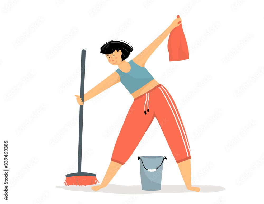 Fototapeta premium Woman daily routine cleaning floor in the house with broom and bucket of water. Happy girl washing and housekeeping holding duster smiling. Vector flat cartoon.
