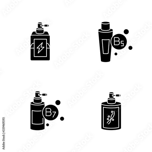 Hair oils black glyph icons set on white space. Exotic baobab fruit extract. Macadamia nuts for haircare. Kalahari melon cosmetic product. Silhouette symbols. Vector isolated illustration