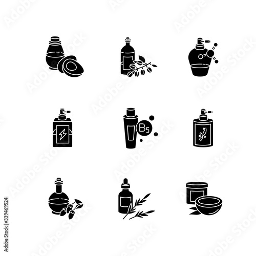 Hair oils black glyph icons set on white space. Hydrolyzed wheat protein. B7 biotin treatment. Herbal product for haircare. Shampoo, conditioner. Silhouette symbols. Vector isolated illustration