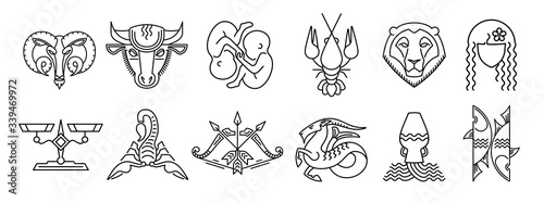 Set of zodiac signs Aries Taurus Gemini Cancer Leo Virgo Libra Scorpio Sagittarius Capricorn Aquarius Pisces Вlack and white star signs Astrological symbol logo emblem. Outline vector graphic