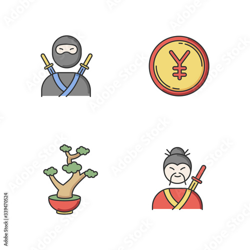 Japan RGB color icons set. Ninja warrior, assassin in mask. Yen coin. Chinese yuan. Bonsai tree in pot. Samurai, asian martial arts. Traditional japanese symbols. Isolated vector illustrations