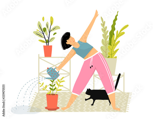 Woman watering flowers daily routine funny mistake, spill water on the floor. Funny cartoon girl doing yoga exercise and gardening with flowerpots at home. Vector cartoon.