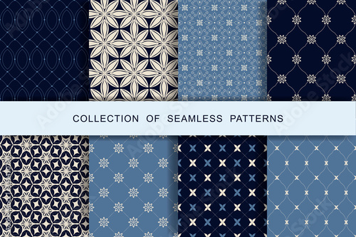 8 Seamless Blue Patterns Set. Vector illustration. Textile printing.
