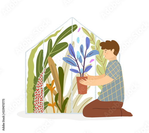 Male gardener working in greenhouse with seedlings and plants. Hobby man holding flowerpot sitting on the floor in glasshouse full of plants. Vector illustration