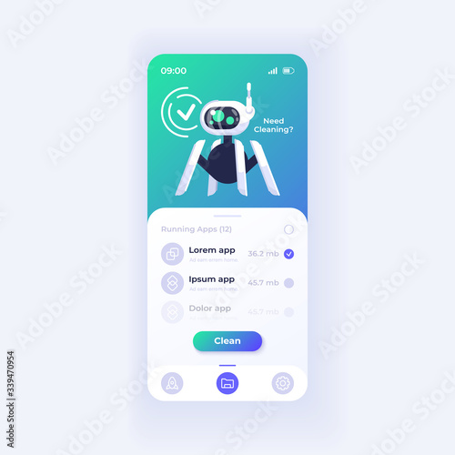 Memory cleaner application smartphone interface vector template. Mobile app page light theme design layout. Storage capacity increasing process screen. Flat UI for application. Phone display